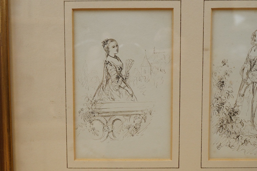 J. Bouvier, Studies of fashionable ladies, to include one titled 'The bracelet', one signed and dated 1859, set of three pen and ink sketches, each mounted and framed as one, each 14 x 9cm